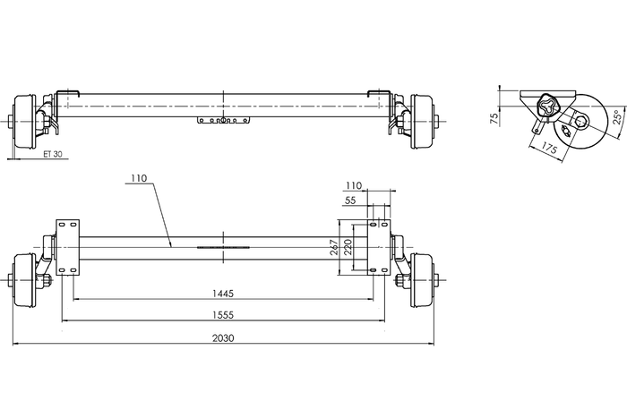 AL-KO EURO bremzējamā ass laivas piekabei 1800kg 1445/1555mm 2030mm 5x112