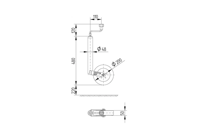 Опорное колесо с чугунным зажимом KNOTT TK48+LBG48 150 кг 48 мм 480-700 мм