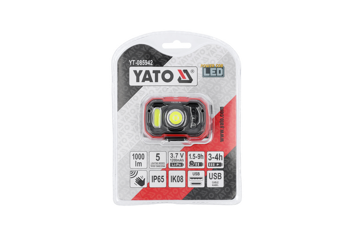 Налобный светодиодный фонарь YATO YT-085942 с датчиком движения, световой поток 1000 лм.