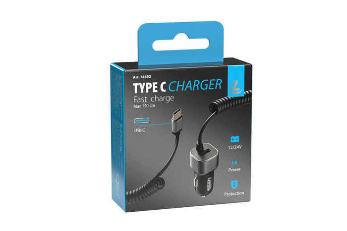 Автомобильное зарядное устройство LAMP USB Type-C, гнездо прикуривателя 12/24 В