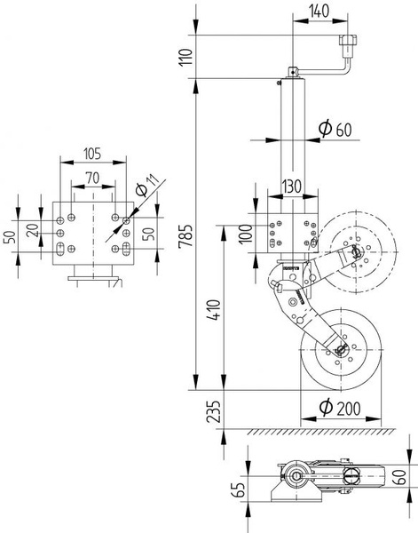 KNOTT ATK60 automātiskais žokeja ritenis ar rokturi 250kg 60mm 785-1020mm